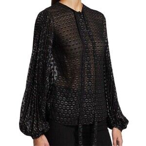 NEW Akris Punto Size 2/XS Devore Dot Tie-neck Blouse Black Hidden Button Down